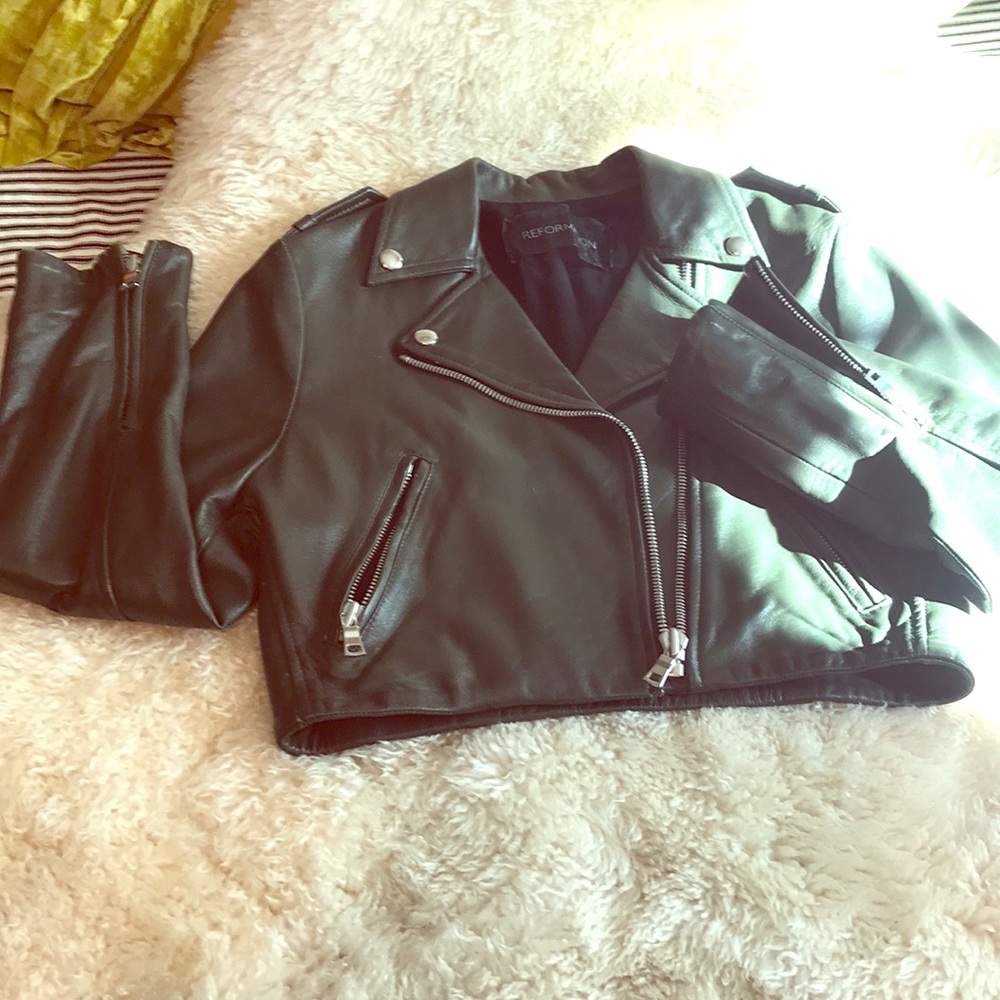 Reformation Green Leather Moto Jacket